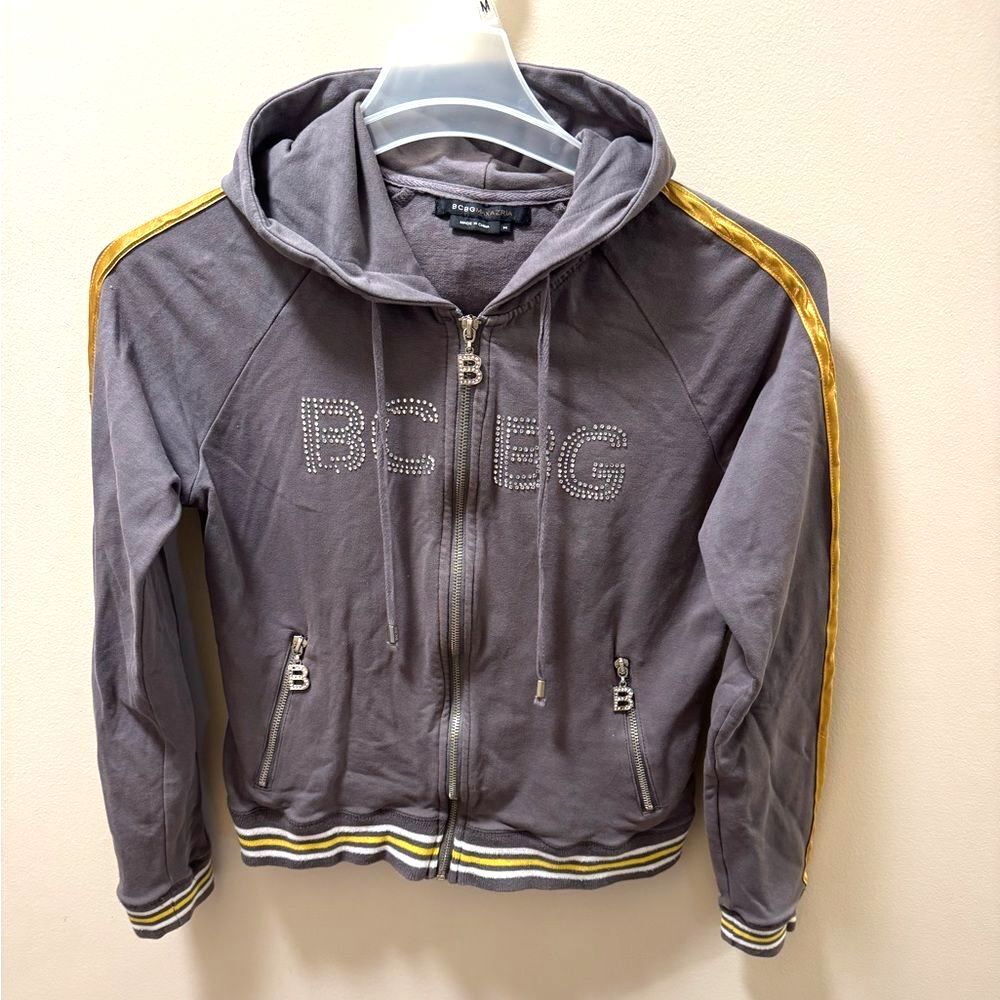 BCBG Women’s Jacket Full Zip Hoddie Rhinestones Medium Grey Yellow Stretch